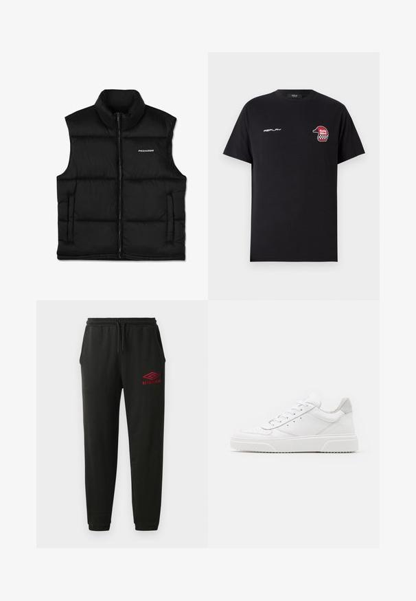 Schwarze, gepolsterte Weste mit hohem Kragen, vorderem Reißverschluss und Seitentaschen. Sie hat eine glatte Textur und ein Logo auf der oberen linken Seite.; Replay SHORT SLEEVE GRAPHIC - T-Shirt print - black; Schwarze Jogginghose mit elastischem Bund und Bündchen, Seitentaschen und rotem Umbro-Logo am linken Oberschenkel.; Weiße Leder-Sneaker mit glatter Oberfläche, rundem Zehenbereich, flachen Schnürsenkeln und strukturiertem Schuhsohlen. Graues Wildleder-Detail an der Ferse.