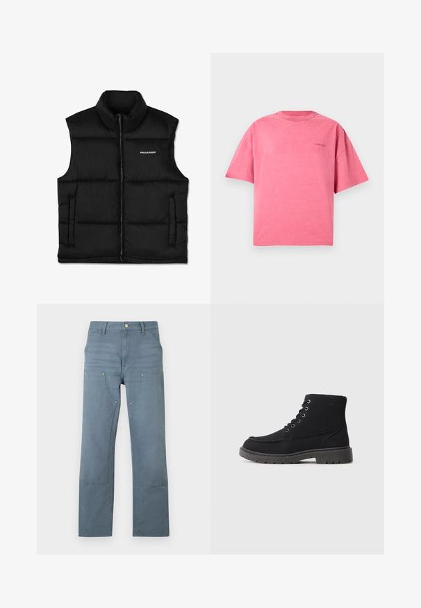 Chaleco acolchado negro con cuello alto, cierre frontal de cremallera y bolsillos laterales. Presenta una textura suave y un logo en la parte superior izquierda.; Camiseta rosa de gran tamaño con mangas cortas y cuello redondo, con un pequeño logo sutil en el pecho izquierdo, presentada sobre un fondo claro y sencillo.; Pantalones de mezclilla azul de corte recto con cintura alta, bolsillos delanteros y costuras reforzadas en muslos y rodillas, extendidos sobre un fondo blanco.; Botines negros de ante y material sintético. Punta redondeada, seis ojales con cordones metálicos, suela gruesa de goma y detalles de texto mínimos.