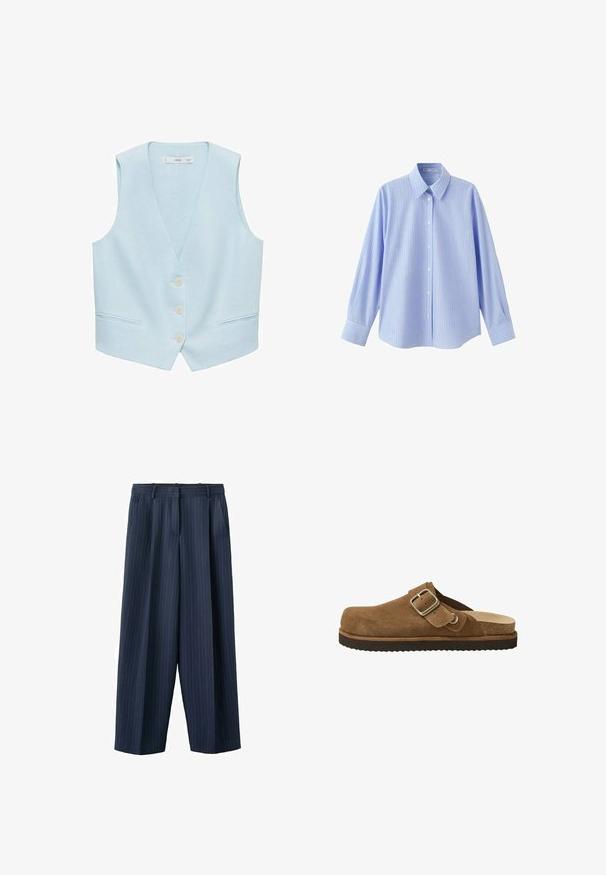 Lysblå vest lavet af linned, med V-hals, frontknapper og to sidelommer. Uden ærmer, glat tekstur, minimalistisk design.; Lyseblå skjorte med lange ærmer med hvide lodrette striber og hvide knapper foran, med spids krave og knappede manchetter.; Marineblå vidde ben bukser med nålestriber, bæltestropper og sidelommer, skræddersyet med en forreste presning og lynlås lukning.; Brun ruskind slip-on træsko med justerbar sølvspænde og tekstureret sort sål, designet til afslappet brug.