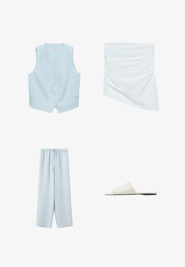 Lysblå vest lavet af linned, med V-hals, frontknapper og to sidelommer. Uden ærmer, glat tekstur, minimalistisk design.; Hvidt stof mini nederdel med draperet design, som har en blød tekstur og asymmetrisk form, foldet ved taljen for ekstra stil.; Lyseblå bukser med vide ben og lodrette tynde striber, elastik i taljen, snøre og to knapper foran.; Hvid slidesandal med en bred rem og flad sål, vist i sidevisning på en hvid baggrund.