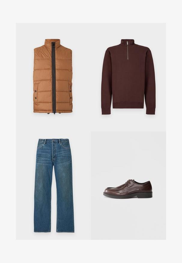 Veste matelassée marron avec un col montant, une fermeture éclair intégrale à l'avant et des détails à boutons-pression sur les poches. Tissu lisse et léger.; Sweat-shirt marron à col zippé avec manches longues, fabriqué en tissu doux, avec un logo discret sur la poitrine, et des poignets et un bas côtelés.; Jean en denim droit taille haute bleu avec fermeture à bouton, poches avant et détails décolorés sur les cuisses et les genoux.; Chaussure habillée en cuir marron avec un bout arrondi, des accents de couture minimum, et une semelle noire robuste. Présente un système de laçage et une texture lisse.