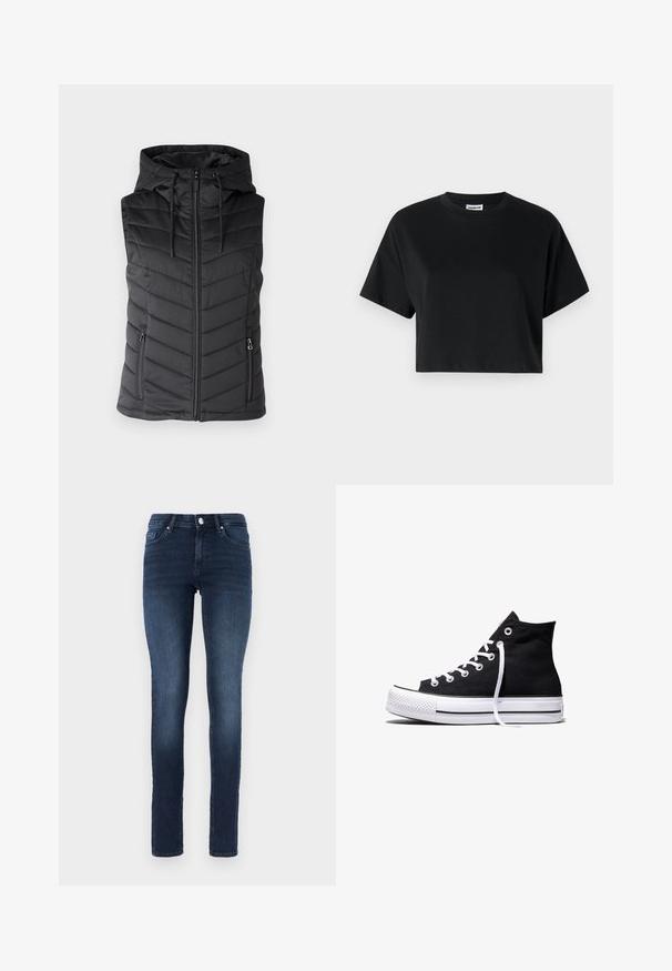 Sort polstret vest med hætte, der har lynlåslukning foran, chevron-quiltet mønster og to sidelommer med lynlås. Glat tekstur.; Sort cropped t-shirt med korte ærmer, rund halsudskæring, lavet af glat bomuldsstof, med minimalistisk design og subtile syninger.; Mørkeblå skinny jeans lavet af denim, med en klassisk fem-lomme design, knaplukning og diskret falmning på lårene.; Sort high-top canvas sneaker med hvid gummisål og hvide snørebånd, vist fra siden mod en hvid baggrund.