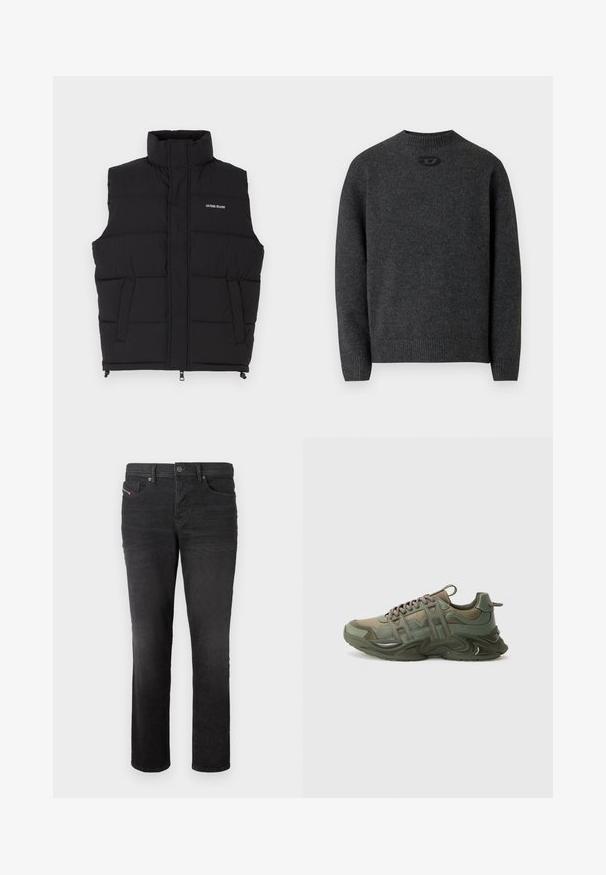 Chaleco acolchado negro con cuello alto, que cuenta con dos bolsillos laterales y cierre frontal de cremallera. Muestra el logo "GUESS JEANS" en blanco.; Suéter gris oscuro hecho de tela de punto suave, con cuello redondo y puños y dobladillo acanalados. Incluye un pequeño detalle de logo en la parte trasera.; Jeans de mezclilla negra con un diseño de pierna recta, que cuentan con cinco bolsillos, un cierre de botón y detalles de costura sutiles en la parte frontal.; Zapatilla deportiva verde con materiales de malla y sintéticos, suela texturizada, cordones en la parte delantera, cuello acolchado y acentos de marca en el lateral.