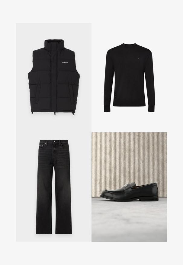 Chaleco acolchado negro con cuello alto, que cuenta con dos bolsillos laterales y cierre frontal de cremallera. Muestra el logo "GUESS JEANS" en blanco.; Jersey negro de manga larga con cuello redondo, pequeño logo sutil en la parte superior izquierda del pecho y puños y bajo acanalados.; Jeans negros de pierna recta con diseño de cinco bolsillos, presillas para cinturón y cierre de botón, mostrados sobre un fondo blanco.; Mocasín de cuero negro con una placa metálica de marca apoyado cerca de una mesa redonda marrón sobre un suelo alfombrado beige.