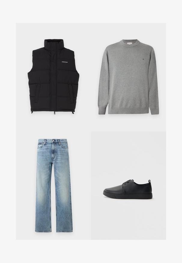 Chaleco acolchado negro con cuello alto, que cuenta con dos bolsillos laterales y cierre frontal de cremallera. Muestra el logo "GUESS JEANS" en blanco.; Suéter de cuello redondo gris claro hecho de tejido de punto. Presenta puños y dobladillo acanalados, con un pequeño logo negro en el lado izquierdo del pecho.; Vaqueros de mezclilla azul claro de corte recto con cintura alta, cinco bolsillos, cierre de botón y sutil desgaste en los muslos y las rodillas.; Zapatilla negra de cuero con acabado suave, punta redondeada, costuras a tono, cordones en la parte delantera y suela de goma plana. Asa en el talón.