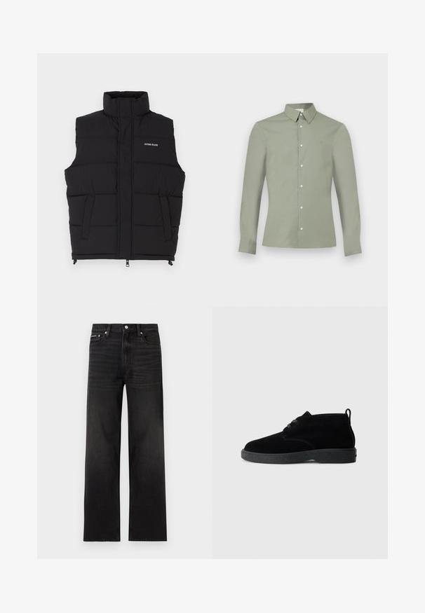 Čierna páperová vesta s vysokým golierom, obsahujúca dve bočné vrecká a predný zips. Zobrazuje logo "GUESS JEANS" v bielej farbe.; Svetlozelená košeľa s dlhým rukávom, golierom na gombíky a bielymi gombíkmi, zobrazená na jednofarebnom bielom pozadí.; Čierne rovné džínsy s piatimi vreckami, pútkami na opasok a zapínaním na gombík, zobrazené na bielom pozadí.; Čierne suede ankle boots s okrúhlou špičkou, šnurovacími detailmi, čiernou gumovou podrážkou a ťahacou slučkou na zadnej strane pre jednoduché obúvanie.