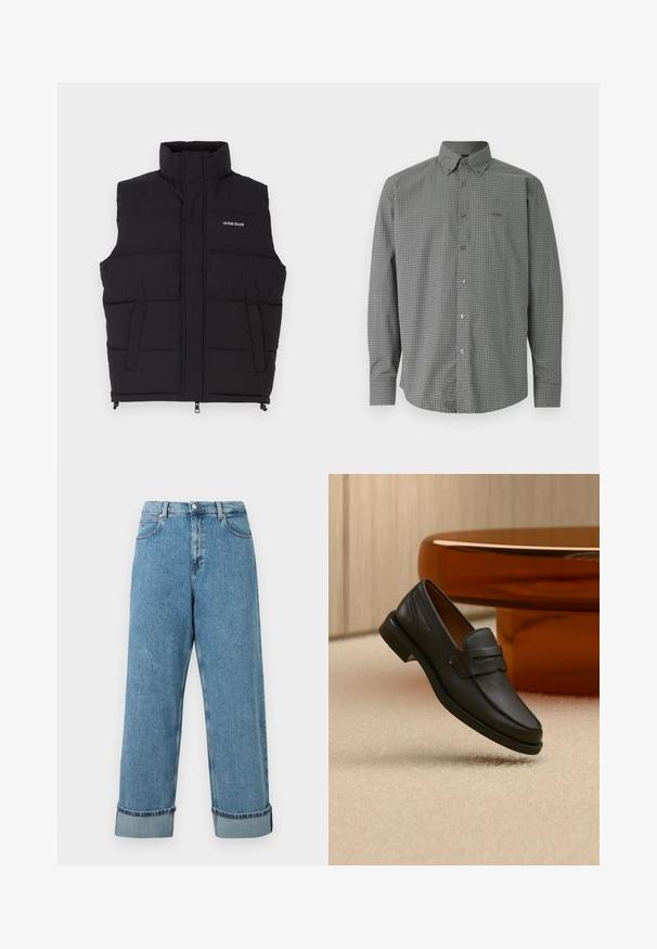 Čierna páperová vesta s vysokým golierom, obsahujúca dve bočné vrecká a predný zips. Zobrazuje logo "GUESS JEANS" v bielej farbe.; Šedá košeľa na zapínanie s dlhým rukávom s jemným bielym mriežkovaným vzorom a golierom, s vyšitým logom BOSS na ľavej strane hrudníka.; Džínsy s vysokým pásom v modrej farbe, s širokými nohavicami a zvinutými manžetami, ktoré majú predné vrecká a pútka na opasok.; Čierne pánske kožené mokasíny s pásikom na vrchu, vystavené na béžovom koberci pri hnedom modernom okrúhlom stole.