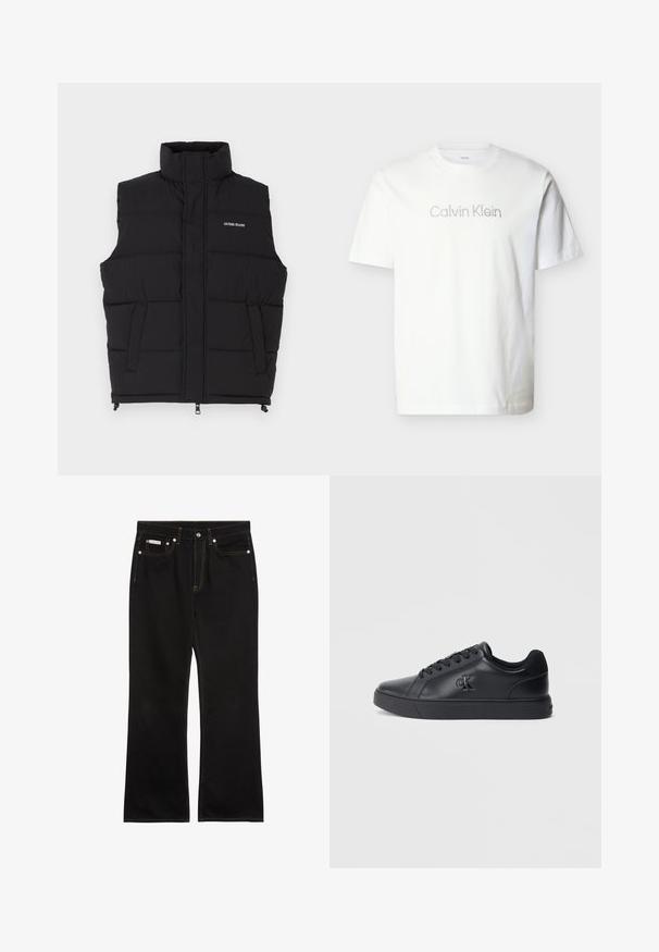 Chaleco acolchado negro con cuello alto, que cuenta con dos bolsillos laterales y cierre frontal de cremallera. Muestra el logo "GUESS JEANS" en blanco.; Camiseta blanca de manga corta hecha de algodón, con un logo gris de "Calvin Klein" en el pecho con una tipografía minimalista.; Vaqueros negros de pierna recta con costuras naranjas, cinco bolsillos, cierre de botón y una pequeña etiqueta Calvin Klein en el bolsillo delantero derecho.; Zapatillas negras de cuero con diseño de cordones, suela de goma y logo en relieve en el lateral, que presentan una textura suave y un estilo minimalista.