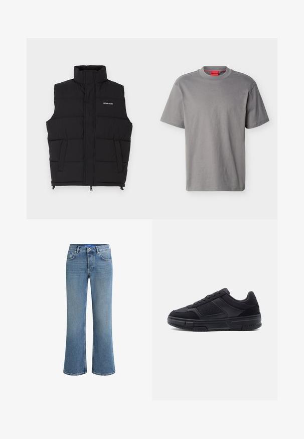 Must värvitu puffvest kõrge kaelusega, millel on kaks küljetaskut ja eesne lukuga kinni. Kuvab valget "GUESS JEANS" logo.; Halli lühikeste varrukatega ümara kaelusega T-särk, millel on rinnal peen "HUGO" logo ja kaela sees punane brändisilt.; Heledad sinise denimi laienevad teksad keskmise kõrgusega vöökoht, viie tasku disain ja peene tekstuuriga pind, mis sisaldab tavalist nupuvajutust.; Must madala säärega toss, millel ees nöörpaelad, tekstuuriga külgpaneelid ja paks kummist tald, kujutatud profiilis tavalise tausta peal.