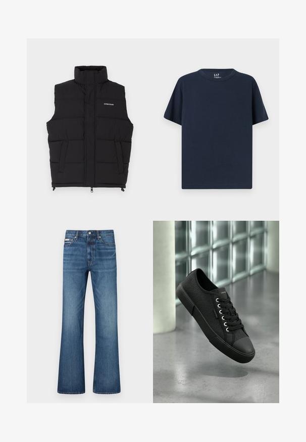Must värvitu puffvest kõrge kaelusega, millel on kaks küljetaskut ja eesne lukuga kinni. Kuvab valget "GUESS JEANS" logo.; Tumesinine lühikeste varrukatega ümar kaelusega t-särk, ühevärviline disain, lõdvestunud lõige, GAP kaubamärgi silt krae sees.; Sinised teksapüksid, millel on veidi lõhnav säär, viis taskut, nööpidega sulgemine ja õrn tuhmunud efekt reitel ja põlvedel.; Must madala säärega toss mustri ja musta tallaga, paelad, hõljumas läikiva betoonpõranda kohal klaasplokkide lähedal.