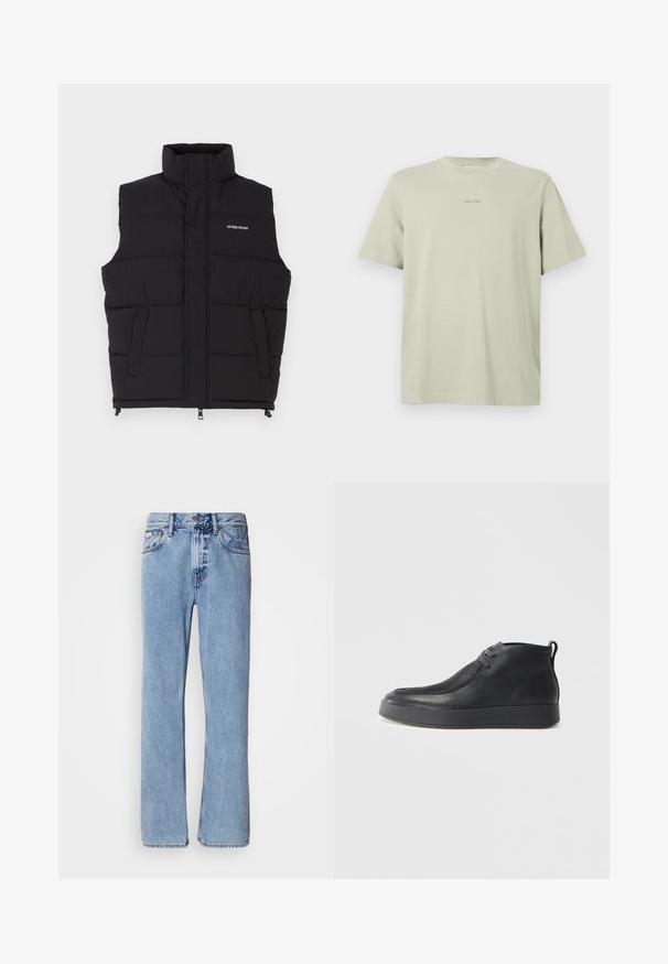 Chaleco acolchado negro con cuello alto, que cuenta con dos bolsillos laterales y cierre frontal de cremallera. Muestra el logo "GUESS JEANS" en blanco.; Camiseta de algodón verde clara con cuello redondo, mangas cortas y un pequeño logo de Calvin Klein en una tonalidad más oscura impreso en el pecho.; Jeans de mezclilla azul claro con un diseño de pierna recta, cinco bolsillos y cierre de botón. Detalles de costura cerca de los bolsillos y la cintura.; Botín negro de cuero hasta el tobillo con superficie texturizada, cordones en la parte delantera, tirador en el talón y suela de goma gruesa contra un fondo claro.