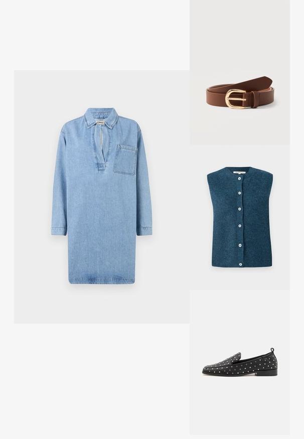 TOM TAILOR DENIM SOFT VEST - Chaleco - dark sea petrol; Vestido de camisa de denim azul claro con cuello, mangas 3/4, escote en V ajustado y un bolsillo en el pecho. Textura suave y diseño estructurado.; Mocasines de cuero negro con puntera redondeada, adornados con tachuelas plateadas. Presentan un tacón bajo y una pestaña en la parte trasera para facilitar su uso.; Cinturón de cuero marrón con hebilla dorada redondeada, enrollado y descansando sobre una superficie blanca.