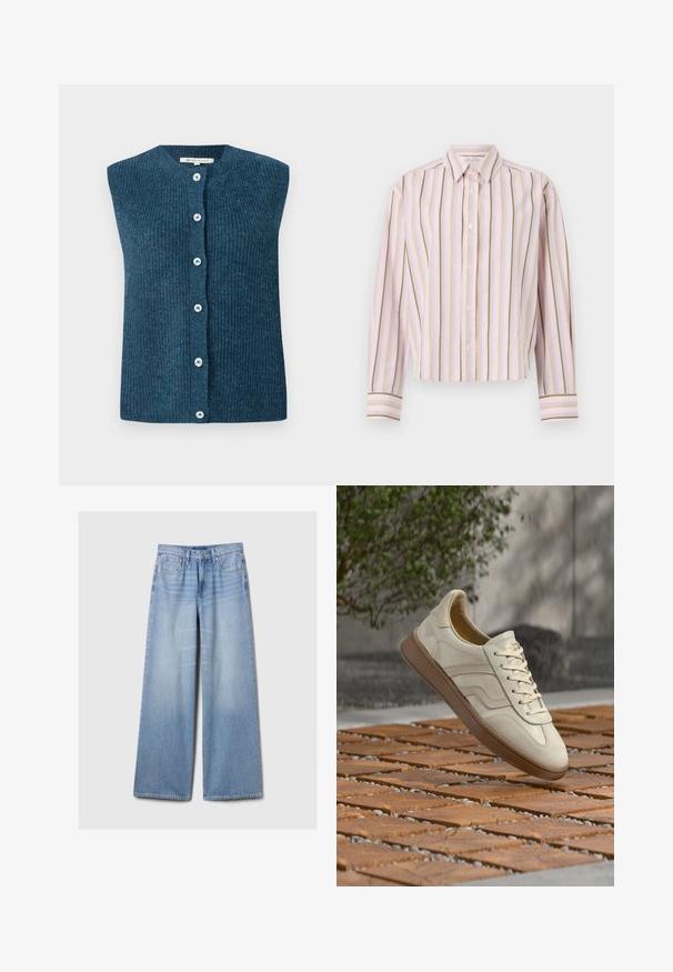 TOM TAILOR DENIM SOFT VEST - Vest - dark sea petrol; Lyserød stribet skjorte med lodrette linjer i grøn og gul, knaplukning og lange ærmer med kontrastmanchetter.; Lyseblå brede denim bukser med forlommer, bælteløkker og lukning med knap og lynlås.; Sneakers i cremefarve med en struktureret beige gummisål, snøredesign og diskret brand på siden. Overdel i glat læder.