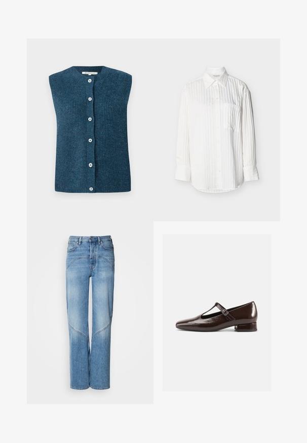 TOM TAILOR DENIM SOFT VEST - Chaleco - dark sea petrol; Camisa blanca de manga larga con botones, con sutiles rayas verticales, cuello puntiagudo, bolsillo frontal en el pecho y puños abotonados sobre fondo liso.; Los vaqueros de denim azul claro presentan un corte relajado, piernas anchas y detalles de costura curvados. La tela tiene una textura suave con un ligero desgaste.; Zapatos Mary Jane de charol marrón con punta redondeada, diseño recortado y una correa ajustable. Tacón bajo y ancho.