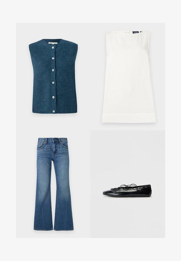 TOM TAILOR DENIM SOFT VEST - Liivi - dark sea petrol; Valkoinen hihaton yläosa, jossa on pyöreä pääntie ja takana näkyvissä pieni GAP-merkki, asetettuna tasaisesti vaalealle taustalle.; Siniset farkut korkealla vyötäröllä, klassinen viiden taskun malli, metallinen nappi ja levenevät leveät lahkeet.; Mustat kärkitossut, joissa on nauhoitus ja reikätyö yksityiskohtina, esille tuotu valkoista taustaa vasten.