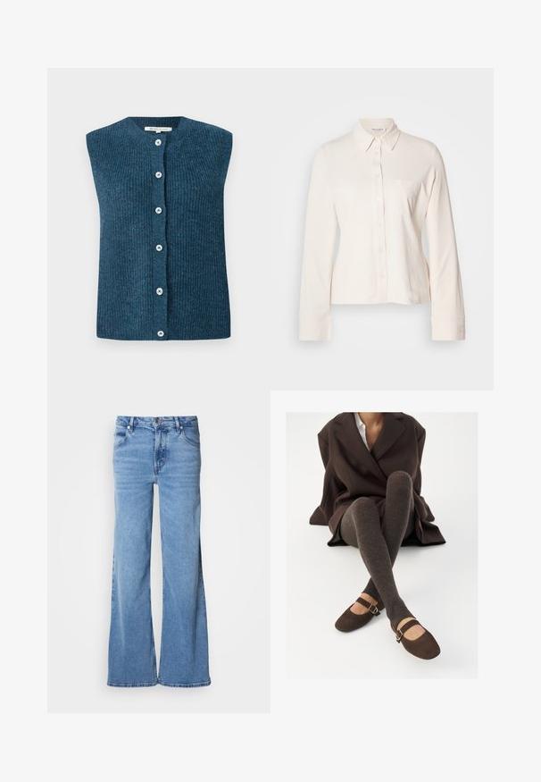 TOM TAILOR DENIM SOFT VEST - Vest - dark sea petrol; Lys beige langærmet skjorte med knaplukning fortil, krave og en enkelt brystlomme. Fremstillet af blødt stof med detaljer ved ærmerne.; Lyseblå jeans med vid ben lavet af denim. Har et klassisk fem-lomme-design og synlig knaplukning. Blød tekstur og enkel finish.; Brune ribbede knæhøje sokker parret med brune ruskinds Mary Jane sko med en dekorativ rem og spænde, båret med en mørk frakke.