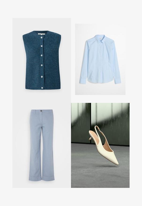 TOM TAILOR DENIM SOFT VEST - Chaleco - dark sea petrol; Camisa de botones azul claro con mangas largas, cuello clásico y un logo sutil bordado en el pecho. Tejido liso y impecable.; Pantalones de lino azul claro con pierna recta, cierre de botón y dobladillo vuelto. Textura suave, diseñados para uso casual.; Zapato de mujer beige con punta afilada y talón bajo tipo kitten, flotando sobre un suelo gris con fondo oscuro desenfocado.