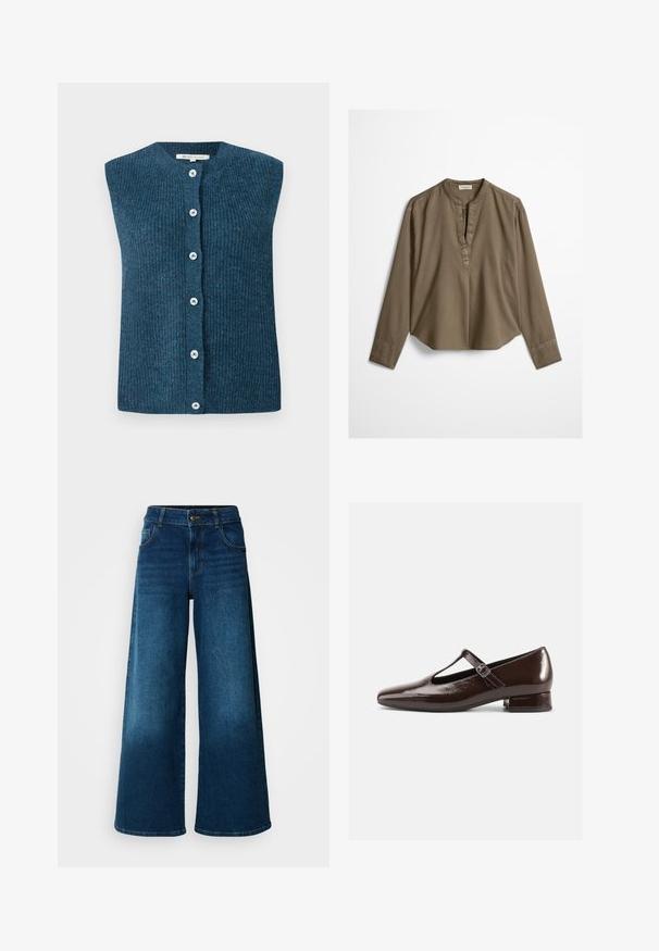 TOM TAILOR DENIM SOFT VEST - Vest - dark sea petrol; Brun langærmet casual bluse med mandarin-krave, frontplisse og let buet kant, lagt fladt på en hvid baggrund.; Viddejeans lavet af mørkeblå denim. Har høj talje, knaplukning og klassisk fem-lomme design med subtile falme.; Brune Mary Jane-sko i laklæder med en rundet tå, udskæringsdesign og justerbar rem. Lav blokhæl.