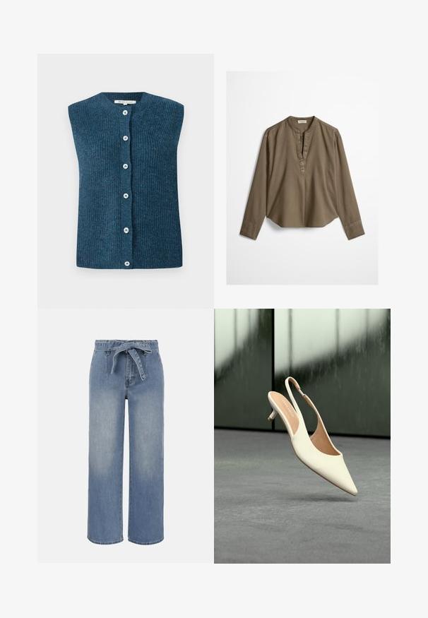 TOM TAILOR DENIM SOFT VEST - Vest - dark sea petrol; Brun langærmet casual bluse med mandarin-krave, frontplisse og let buet kant, lagt fladt på en hvid baggrund.; Lyseblå jeans med høj talje og vide ben, udstyret med et bundet stofbælte og forlommer, med en let falmet vaskeeffekt.; Beige slingbacks til kvinder med spids tå og lav kitten-hæl, der svæver over en grå gulv med en sløret mørk baggrund.