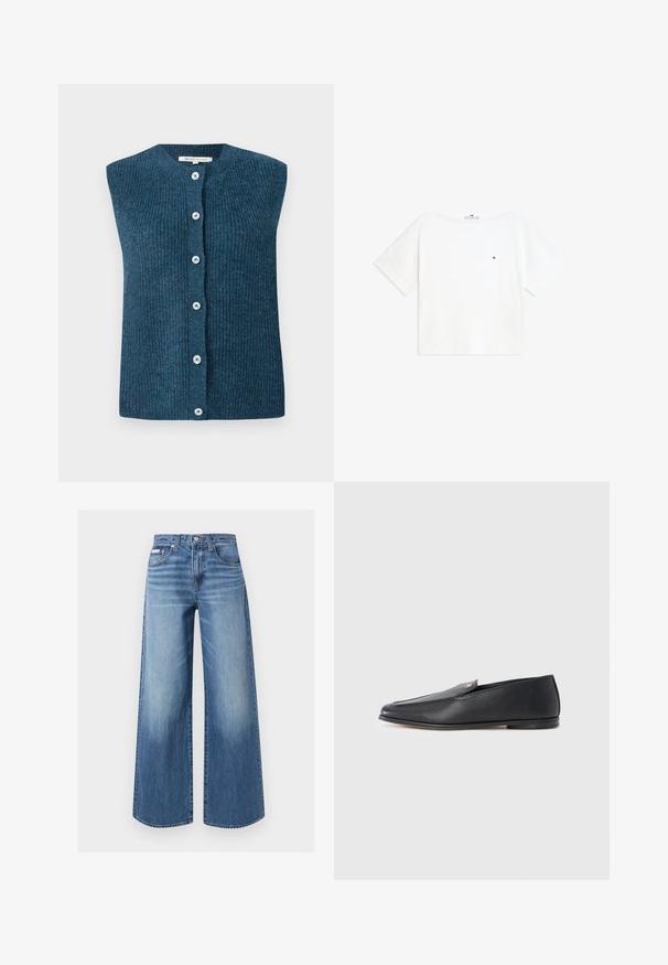 TOM TAILOR DENIM SOFT VEST - Vest - dark sea petrol; Hvid kortærmet T-shirt med rund halsudskæring med lille rød, hvid og blå logo på venstre bryst og foldede manchetter på ærmerne.; Blå vidde jeans i denim med knap og lynlås foran, fem-lomme stil og diskrete falmede detaljer på lår og knæ.; Sorte læderloafers med en glat tekstur, rundet tå og subtile syningsdetaljer. Har en guldfarvet logoaccent på oversiden.