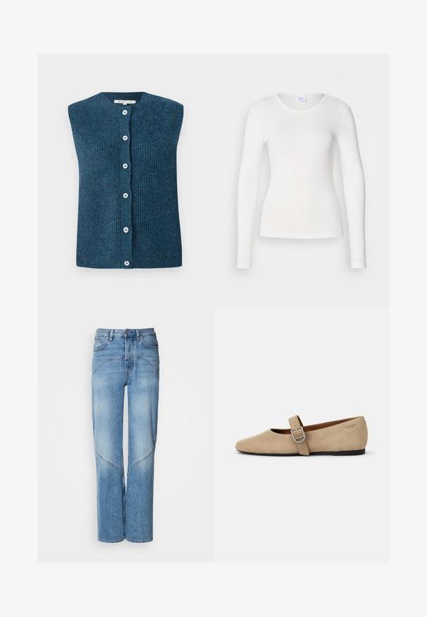 TOM TAILOR DENIM SOFT VEST - Vesta - dark sea petrol; Biela košeľa s dlhým rukávom vyrobená z jemnej a hladkej látky; má okrúhly výstrih a priliehavý strih, bez vzorov alebo ozdôb.; Svetlo modré džíny majú voľný strih, široké nohavice a zaoblené švy. Tkanina má jemnú textúru s miernym vyblednutím.; Béžové semišové Mary Jane balerínky s špicatou špičkou a jedným nastaviteľným pásikom so striebornou prackou. Čierna plochá podrážka.