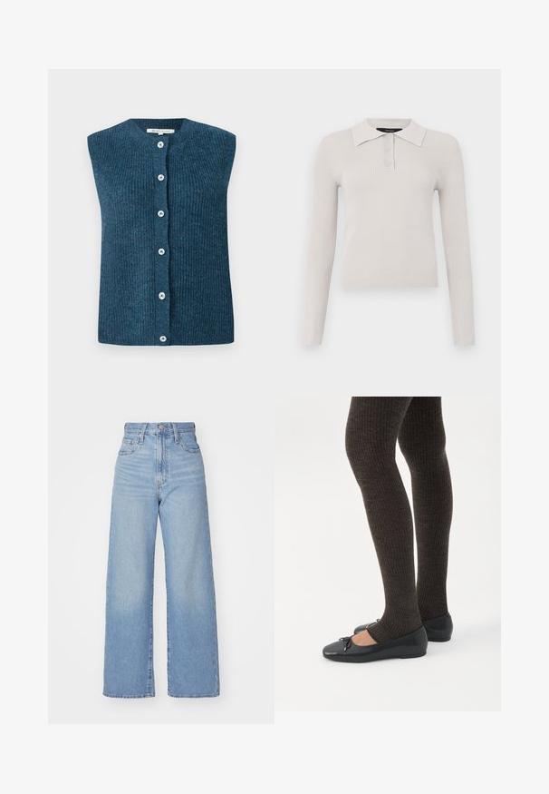 TOM TAILOR DENIM SOFT VEST - Vest - dark sea petrol; Hallitseva hallikas pika varrukaga polo-särk ribitud tekstuuriga, kahekohaline nööpklapp ja klassikaline krae. Pehme kangas ja tihedalt sobiv disain.; Heledad sinine kõrge vöökohaga laiad teksad, ees nupp ja tõmblukk, ees ja taga taskud, valge tausta peal.; Jalad seljas tumedad soonelises soonelises kombines mustade baleriinadega, millel on väikesed paelade detailid valgel taustal.