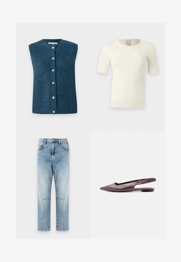TOM TAILOR DENIM SOFT VEST - Vest - dark sea petrol; Off-white, kortærmet ribstrikket top med rund halsudskæring og Calvin Klein-mærke på indersiden af kraven bagpå.; Lyseblå højtaljede jeans med lige ben, falmet vask, for- og baglommer, bæltestropper, knaplukning og knæsøm detaljer.; Bourgognefarvet spids tå slingback flad sko med lav hæl og justerbar rem på hvid baggrund.