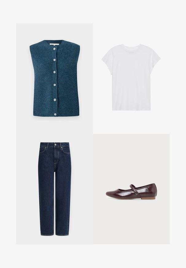 TOM TAILOR DENIM SOFT VEST - Vest - dark sea petrol; Hvid kortærmet t-shirt med rund hals, afslappet pasform, lavet af blødt bomuldsstof. Glat tekstur, ingen mønstre eller logoer.; Mørkeblå denimjeans med lige ben, høj talje, sølvfarvede detaljer, forlommer og subtile syningsdetaljer. Klassisk design med fem lommer.; Bordeaux Mary Jane flad sko med rundet tå, skinnende finish, justerbar side-rem med sølvspænde og lav lysebrun sål.