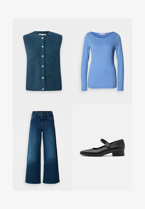 TOM TAILOR DENIM SOFT VEST - Vest - dark sea petrol; Langærmet T-shirt med rund hals i lys blå, lavet af blødt, tekstureret stof. Har et subtilt meleret mønster med en tætsiddende silhuet.; Viddejeans lavet af mørkeblå denim. Har høj talje, knaplukning og klassisk fem-lomme design med subtile falme.; Sorte læder Mary Jane-sko med en patenttå, justerbar ankelrem og lav blokhæl. Glat tekstur og strømlinet design.