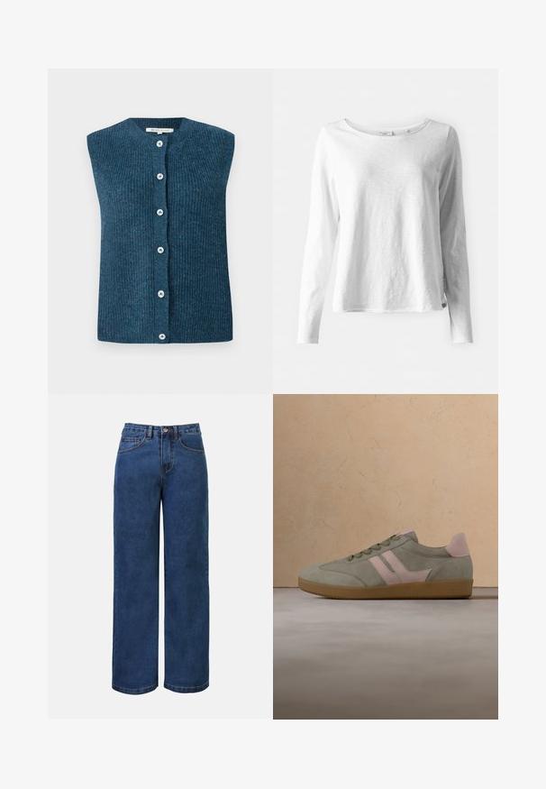 TOM TAILOR DENIM SOFT VEST - Vesta - dark sea petrol; Biele tričko s dlhým rukávom vyrobené z jemnej, ľahkej tkaniny; má okrúhly výstrih a mierne uvoľnený strih; etiketa viditeľná na boku.; Tmavomodré denimové nohavice so širokými nohavicami a vysokým pásom, s gombíkovým zapínaním, pútkami na opasok a prednými a zadnými vreckami. Hladká textúra.; Zelená semišová teniska s ružovými akcentmi, zaoblenou špičkou, plochým šnurovaním, gumovou podrážkou a dvoma horizontálnymi pruhmi svetloružovej farby.