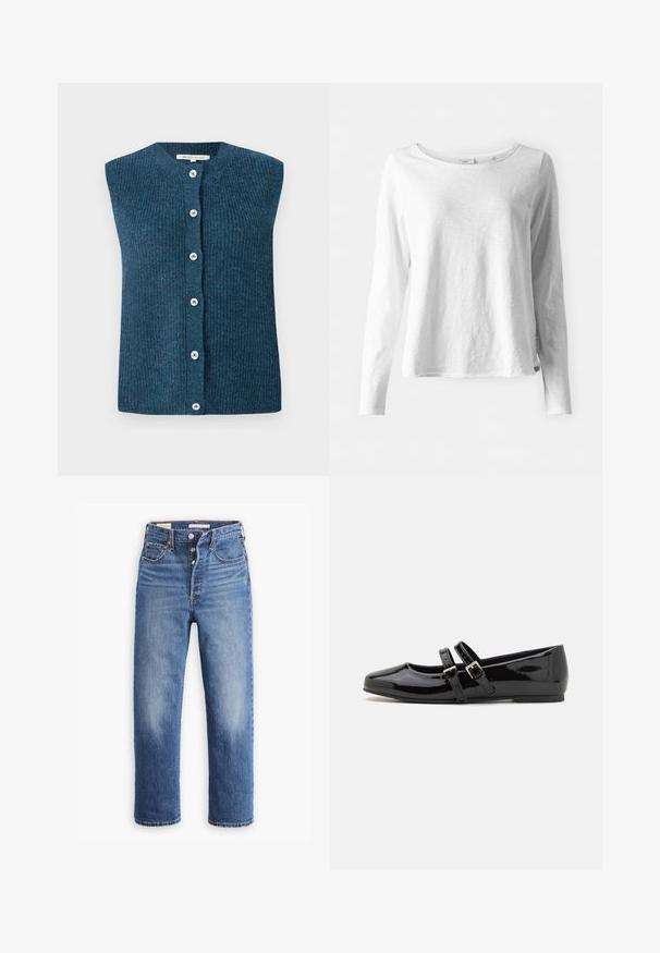 TOM TAILOR DENIM SOFT VEST - Chaleco - dark sea petrol; Camiseta blanca de manga larga en tejido suave y ligero; cuenta con un cuello redondo y un corte ligeramente holgado; etiqueta visible en el lateral.; Vaqueros de mezclilla azul con cintura alta, diseño de pierna recta y áreas desgastadas. Presentan bolsillos frontales y herrajes de metal.; Zapatos de charol negro con punta cuadrada, que cuentan con dos correas ajustables con hebillas en el medio del pie y una suela plana y de bajo perfil.