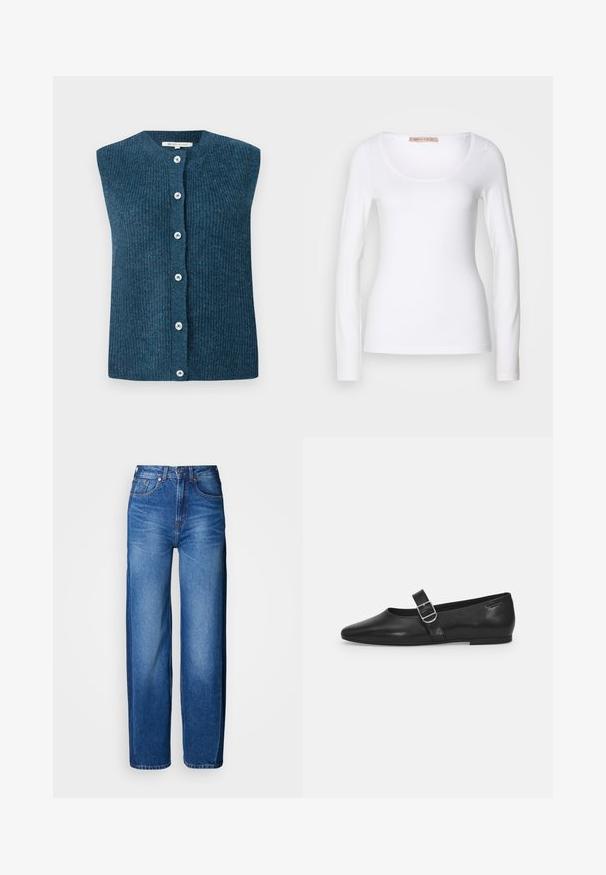 TOM TAILOR DENIM SOFT VEST - Chaleco - dark sea petrol; Camiseta de algodón blanca de manga larga con escote redondeado y un diseño ajustado, de textura suave y sin adornos.; Vaqueros de mezclilla azul de pierna ancha con cintura alta, que cuentan con cinco bolsillos, trabillas para cinturón y un sutil desgaste, cosidos con hilo más claro.; Zapato plano de cuero negro con punta redondeada, una sola correa ajustable con hebilla y una textura suave y brillante. Diseño minimalista con un tacón bajo.