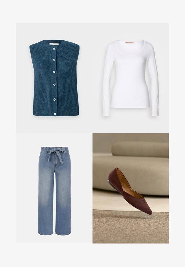 TOM TAILOR DENIM SOFT VEST - Vesta - dark sea petrol; Biele tričko s dlhým rukávom z bavlny, s okrúhlym výstrihom a priliehavým strihom, s hladkou textúrou a bez ozdôb.; Svetlomodré rifle s vysokým pásom a širokými nohavicami, s viazaným pásom z látky a prednými vreckami, s mierne vyblednutým efektom praním.; Tmavohnedá semišová topánka s ostrou špičkou bez podpätku, ktorá sa vznáša nad béžovým kobercom, na pozadí béžová pohovka.