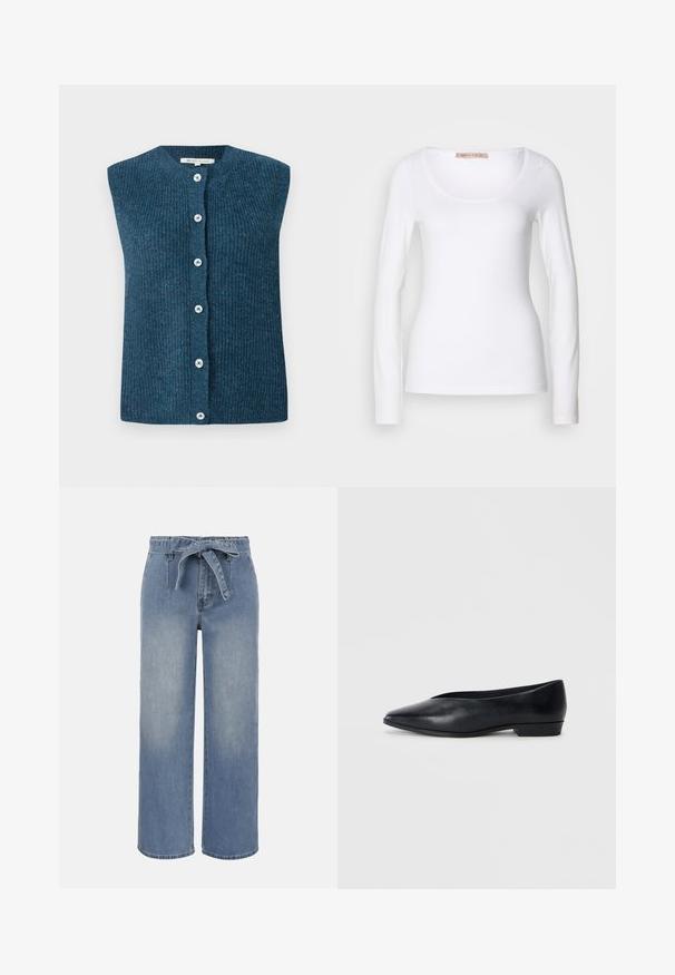 TOM TAILOR DENIM SOFT VEST - Vest - dark sea petrol; Langærmet hvid bomulds T-shirt med rund halsudskæring og tætsiddende design, med glat tekstur og uden udsmykninger.; Lyseblå jeans med høj talje og vide ben, udstyret med et bundet stofbælte og forlommer, med en let falmet vaskeeffekt.; Sorte læder flade sko med spids tå, let hævet hæl og glat overflade. Simpelt design uden synligt hardware eller mønstre.