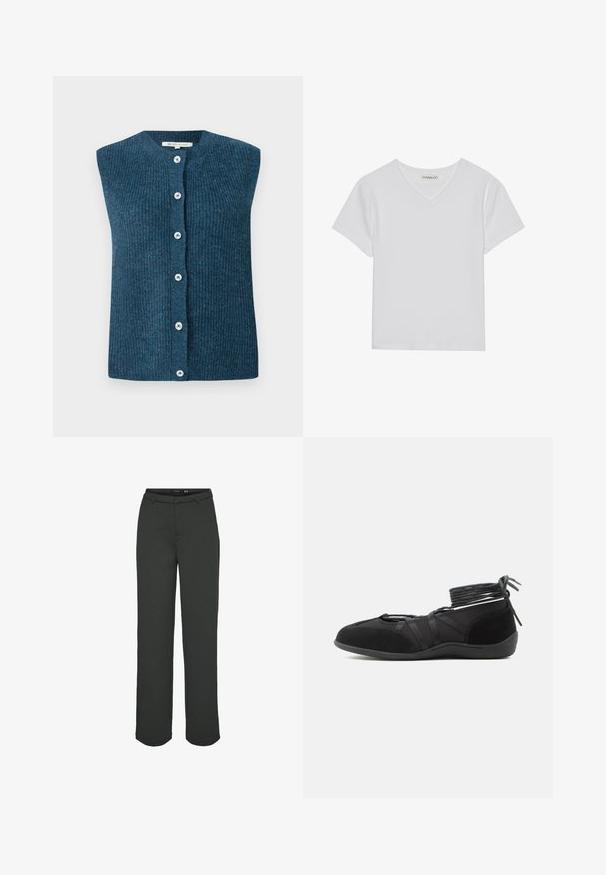 TOM TAILOR DENIM SOFT VEST - Liivi - dark sea petrol; Valkoinen lyhythihainen V-pääntiet-paita, joka on valmistettu ribbitetusta kankaasta. Ominaisuuksiin kuuluu siisti muotoilu, suora helma ja minimaalinen yksityiskohtaisuus.; Tummanvihreät leveälahkeiset housut, jotka on valmistettu sileästä kankaasta. Ominaisuuksiin kuuluvat vyötärö vyölenkeillä, etutaskut ja suora leikkaus.; Musta matala kenkä, jossa on nilkan ympäri kiertyvät remmit ja mokkanahkainen yksityiskohta, suunniteltu turvalliseen istuvuuteen ja minimalistiseen tyyliin.