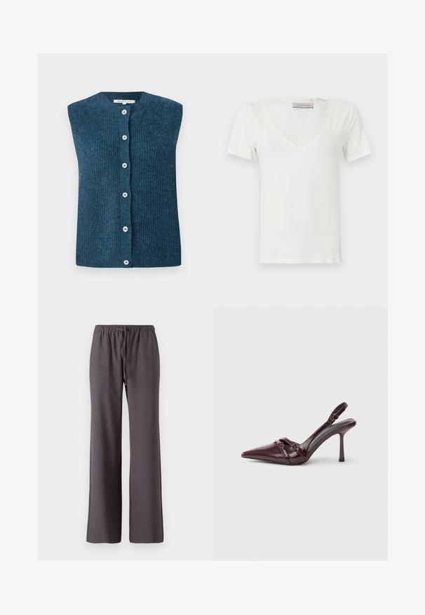 TOM TAILOR DENIM SOFT VEST - Bodywarmer - dark sea petrol; Witte korte mouw V-hals top met kanten rand langs de halslijn, gelabeld Anna Field, getoond tegen een effen achtergrond.; Donkergrijze rechte broek met elastische tailleband en voorste trekkoord, weergegeven op een witte achtergrond.; Bordeauxrode lakleren slingback met puntige neus, dunne enkelband en kleine decoratieve gespsluiting. Gladde textuur en hoge hak.