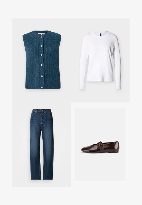 TOM TAILOR DENIM SOFT VEST - Chaleco - dark sea petrol; Camiseta blanca de manga larga con cuello redondo, mostrada sobre un fondo neutro, vista frontal con una etiqueta negra en el cuello.; Vaqueros de mezclilla azul oscuro con un corte relajado, cintura alta, diseño de cinco bolsillos y costuras visibles. La tela tiene una textura suave.; Zapato plano de charol marrón oscuro con una gran hebilla dorada y puntera redondeada, mostrado de perfil sobre un fondo blanco.