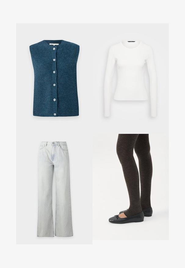 TOM TAILOR DENIM SOFT VEST - Bodywarmer - dark sea petrol; Witte lange mouwen ribbelshirt met een ronde halslijn en een getailleerde pasvorm. Soepele textuur met een eenvoudig ontwerp, zonder patronen of accenten.; Lichtblauwe wijde jeans met voorzakken, riemlussen, knoopsluiting en zichtbare stiksels op een effen achtergrond.; Benen met donkere geribbelde leggings gecombineerd met zwarte ballerina's met kleine strikdetails op een witte achtergrond.