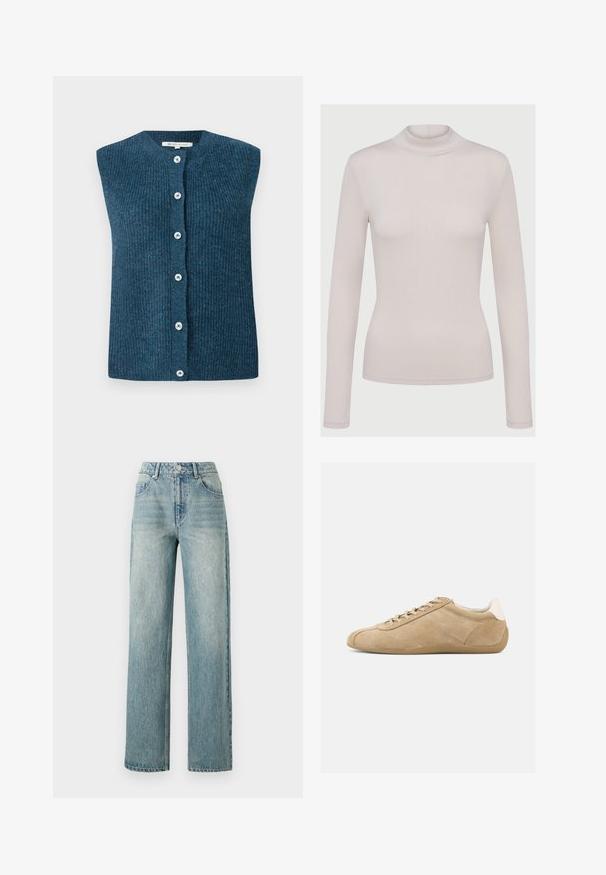 TOM TAILOR DENIM SOFT VEST - Chaleco - dark sea petrol; Top de cuello alto de manga larga en color beige claro, confeccionado con un material suave y flexible. Diseño ajustado con textura acanalada y puños estándar.; Copenhagen Muse JEANNE PANTS - Vaqueros boyfriend - medium dirty washed denim; Zapatilla de ante color canela con textura suave, punta redondeada, diseño ligero con cordones y un acento en el talón blanco a contraste. Suela de goma flexible.