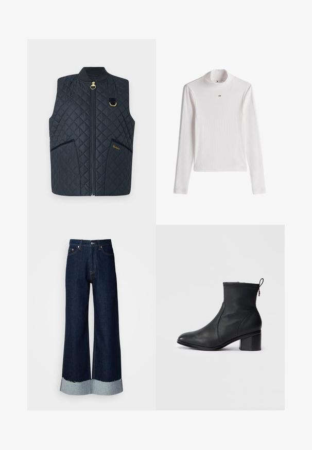 Gequilte marineblauwe vest met een rits aan de voorkant, ronde kraag, twee zijzakken, gouden hardware en een contrasterende bies. Heeft een klein logo-detail.; Wit geribd top met lange mouwen en coltrui, voorzien van een klein Tommy Hilfiger-logo, gecentreerd onder de kraag.; Wijde, donkere denim jeans met een rafelige, lichtdenim zoom. Heeft klassieke vijf-pocket styling en metalen hardware bij de taille.; Zwarte leren enkelboot met een slank ontwerp, ronde neus, gestructureerde stiksels aan de bovenkant en een blokhak. Voorzien van een ritsluiting en een aantreklip.
