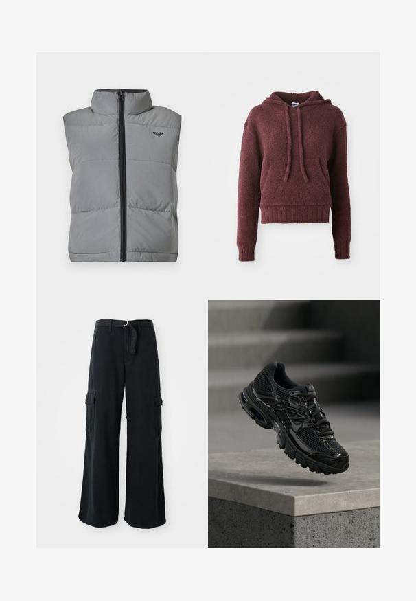 Ærmeløs grå polstret vest med høj krave, sort lynlås foran og lille sort logo på venstre øverste bryst.; Bordeaux pullover hættetrøje lavet af blød, struktureret stof, med en front kangaroo lomme, snoretræk i hætten og ribbet kant og manchetter.; Sorte bredbenede cargo-bukser lavet af bomuld med et bånd, der kan bindes, og som har to sidelommer samt en glat stofstruktur.; Sort Nike løbesko med mesh og syntetisk overdel, der svæver over en betonoverflade og trin i baggrunden.