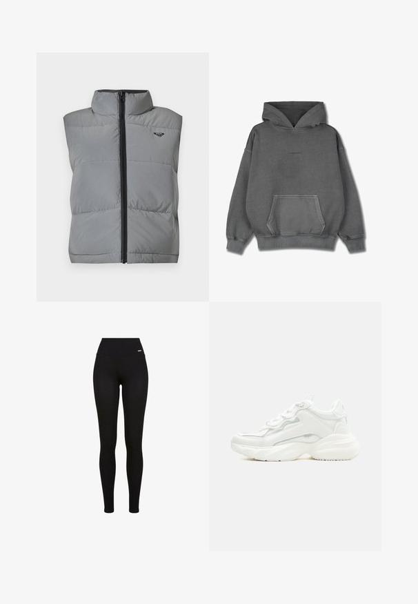 Ærmeløs grå polstret vest med høj krave, sort lynlås foran og lille sort logo på venstre øverste bryst.; Pegador CLARITA LOGO OVERSIZED HOODIE - Hættetrøje - vintage grey grey gum; Sorte leggins med høj talje, strækbart stof, glat tekstur og en tætsiddende pasform, der er velegnet til casual eller atletisk brug.; Hvid chunky sneaker med tyk sål, snørelukning foran og glat syntetisk overdel med subtile syningsdetaljer.