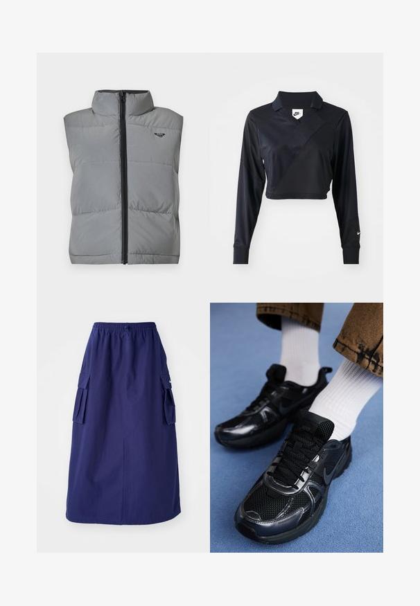 Ærmeløs grå polstret vest med høj krave, sort lynlås foran og lille sort logo på venstre øverste bryst.; Sort langærmet cropped polo-skjorte med V-hals, der har et diagonalt sømdesign, glat tekstur og et Nike-logo på ærmet.; Marineblå, mellemlang nederdel med elastisk talje, der har to sidelommer og et minimalistisk logodesign. Glat stofstruktur.; Sorte Nike-sneakers med mesh og syntetisk materiale, der har en struktureret overdel, sorte snørebånd og holdbare gummisåler. Hvide ribstrikkede sokker er synlige.