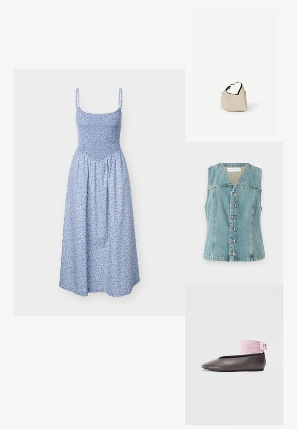 Lichtblauwe denimvest met een V-hals, mouwloos ontwerp, sluiting met knopen aan de voorkant met zilveren accenten, en een getailleerde pasvorm.; Blauwe midi-jurk met bloemenprint, smocked lijfje en dunne schouderbandjes, aangesloten aan de bovenkant en met een vloeiende rok onder de taille.; Bruine, puntige platte schoen met decoratieve zilveren details en een roze enkelriem op een witte achtergrond.; Beige leren handtas in halvemaanvorm met een enkele schouderband en minimale stiksels, afgebeeld tegen een effen witte achtergrond.