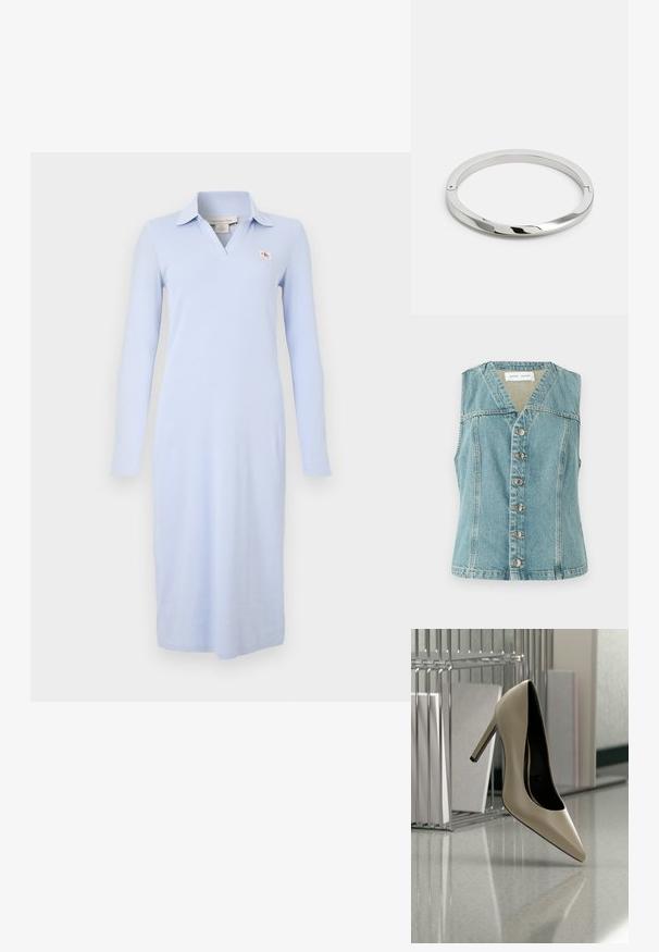 Lyseblå denimvest med V-udskæring, ærmeløs design, frontlukning med knapper og sølvaccenter, samt en tætsiddende silhuet.; Lyseblå langærmet polokjole lavet af ribstrikket stof. Har en V-halskrave og en lille logo på brystet. Figurformet silhuet.; Beige højhælede sko balancerende på hælen på en skinnende overflade ved siden af en metalfilorganisator med dokumenter.; Stålmetalarmbånd med en glat, skinnende overflade og flade kanter. Har et åbent cirkulært design med en subtil låse detalje.