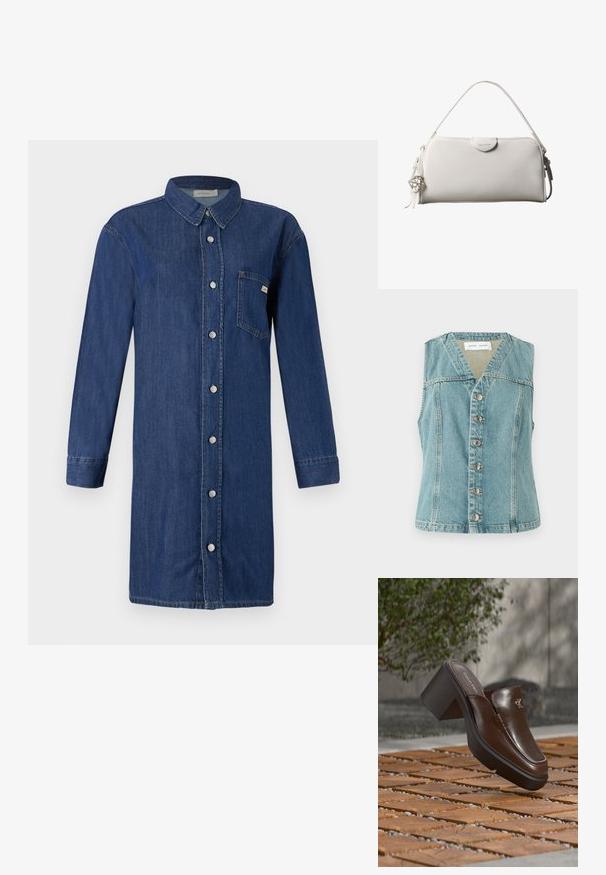 Lyseblå denimvest med V-udskæring, ærmeløs design, frontlukning med knapper og sølvaccenter, samt en tætsiddende silhuet.; Denim skjortekjole i mørkeblå, med knaplukning foran, lange ærmer, krave og en brystlomme. Glat tekstur med en klassisk pasform.; Brun læder Calvin Klein hæl mule svævende over trægulv med en sløret grøn plante og væg baggrund.; Hvid rektangulær Calvin Klein håndtaske med enkelt håndtag, minimalistisk design og dekorative kvaster med geometrisk metalvedhæng på siden.