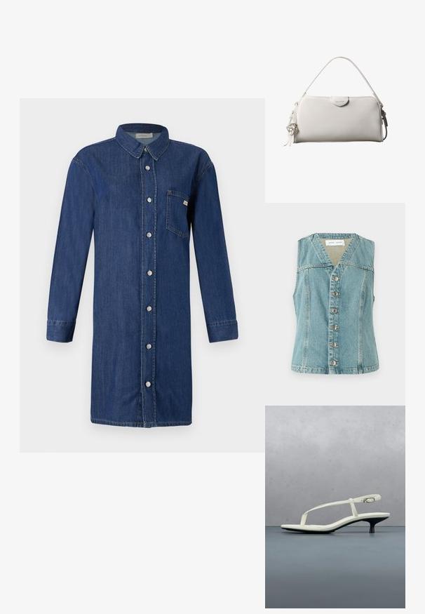 Lyseblå denimvest med V-udskæring, ærmeløs design, frontlukning med knapper og sølvaccenter, samt en tætsiddende silhuet.; Denim skjortekjole i mørkeblå, med knaplukning foran, lange ærmer, krave og en brystlomme. Glat tekstur med en klassisk pasform.; Hvid sandal med stropper og kitten-hæl med spids tå, svævende over et trægulv udendørs med en sløret plante og væg i baggrunden.; Hvid rektangulær Calvin Klein håndtaske med enkelt håndtag, minimalistisk design og dekorative kvaster med geometrisk metalvedhæng på siden.