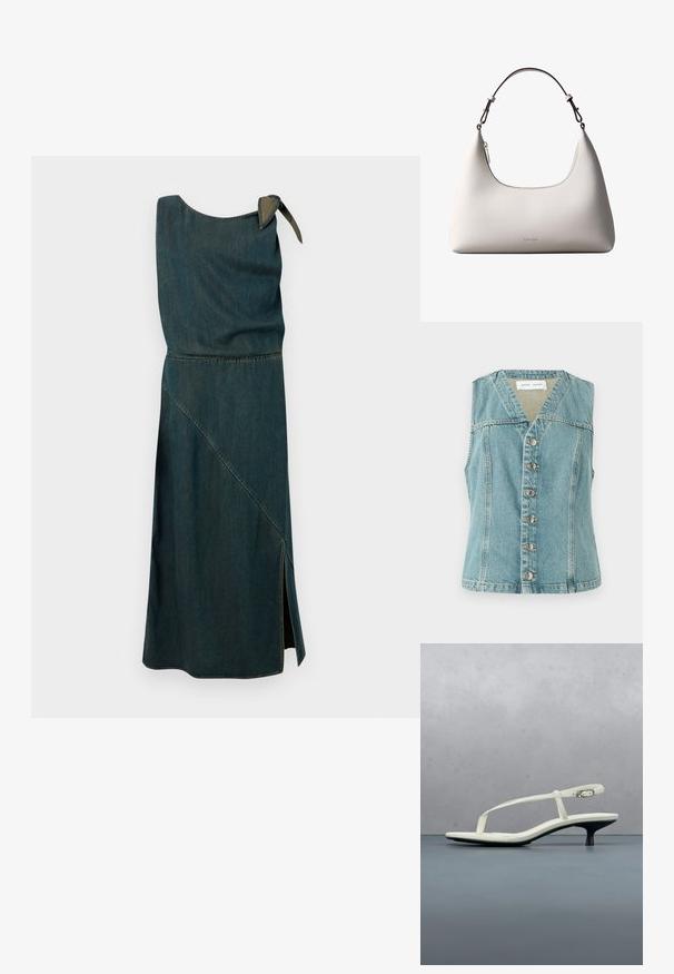 Lichtblauwe denimvest met een V-hals, mouwloos ontwerp, sluiting met knopen aan de voorkant met zilveren accenten, en een getailleerde pasvorm.; Donkerblauwe denim jurk met een mouwloos ontwerp, asymmetrische zoom en een gestrikte schouderdetail. Beschikt over een getailleerde taille en een zijsplit.; Witte sandaal met smalle bandjes en kitten heel, met een spitse neus, zwevend boven een houten tegelvloer buiten, met op de achtergrond een wazige plant en muur.; Romige Calvin Klein leren schoudertas met gebogen bovenrand, zilveren rits en donkerbruine verstelbare riem.