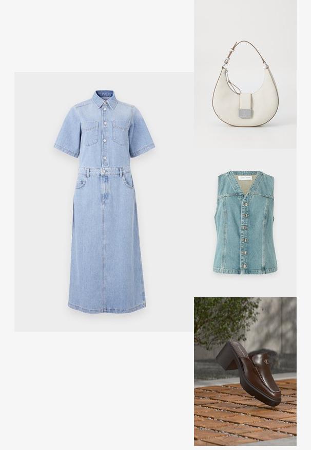 Lyseblå denimvest med V-udskæring, ærmeløs design, frontlukning med knapper og sølvaccenter, samt en tætsiddende silhuet.; Lyseblå denimskjortekjole med korte ærmer, to brystlommer, knapdækning, indsnævret talje med bælte og en lang A-linjeet nederdel.; Brun læder Calvin Klein hæl mule svævende over trægulv med en sløret grøn plante og væg baggrund.; Hvid læder taske med en buet form, kontrasterende brune detaljer, en sølvlås og en struktureret overflade. Har en enkelt skulderrem.