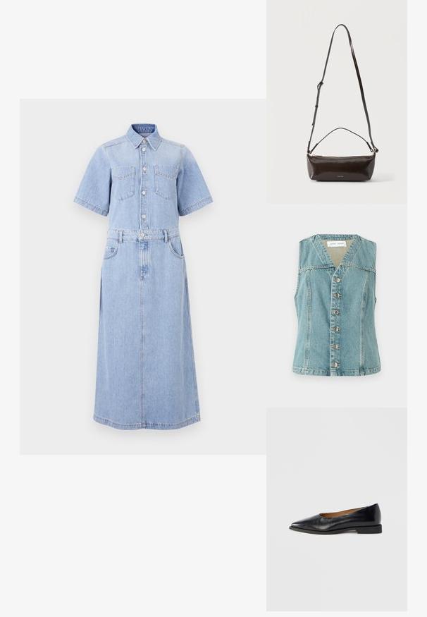 Lyseblå denimvest med V-udskæring, ærmeløs design, frontlukning med knapper og sølvaccenter, samt en tætsiddende silhuet.; Lyseblå denimskjortekjole med korte ærmer, to brystlommer, knapdækning, indsnævret talje med bælte og en lang A-linjeet nederdel.; Sort læder flad sko med spids tå og lav firkantet hæl. Glat tekstur, minimalistisk design og uden synlige beslag eller mønstre.; Lille blank mørkebrun læder skuldertaske med justerbar rem, top håndtag og gyldent lynlås lukning.